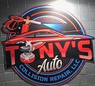 Round Tony's Auto Collision Repair, LLC badge with a red car and spray gun